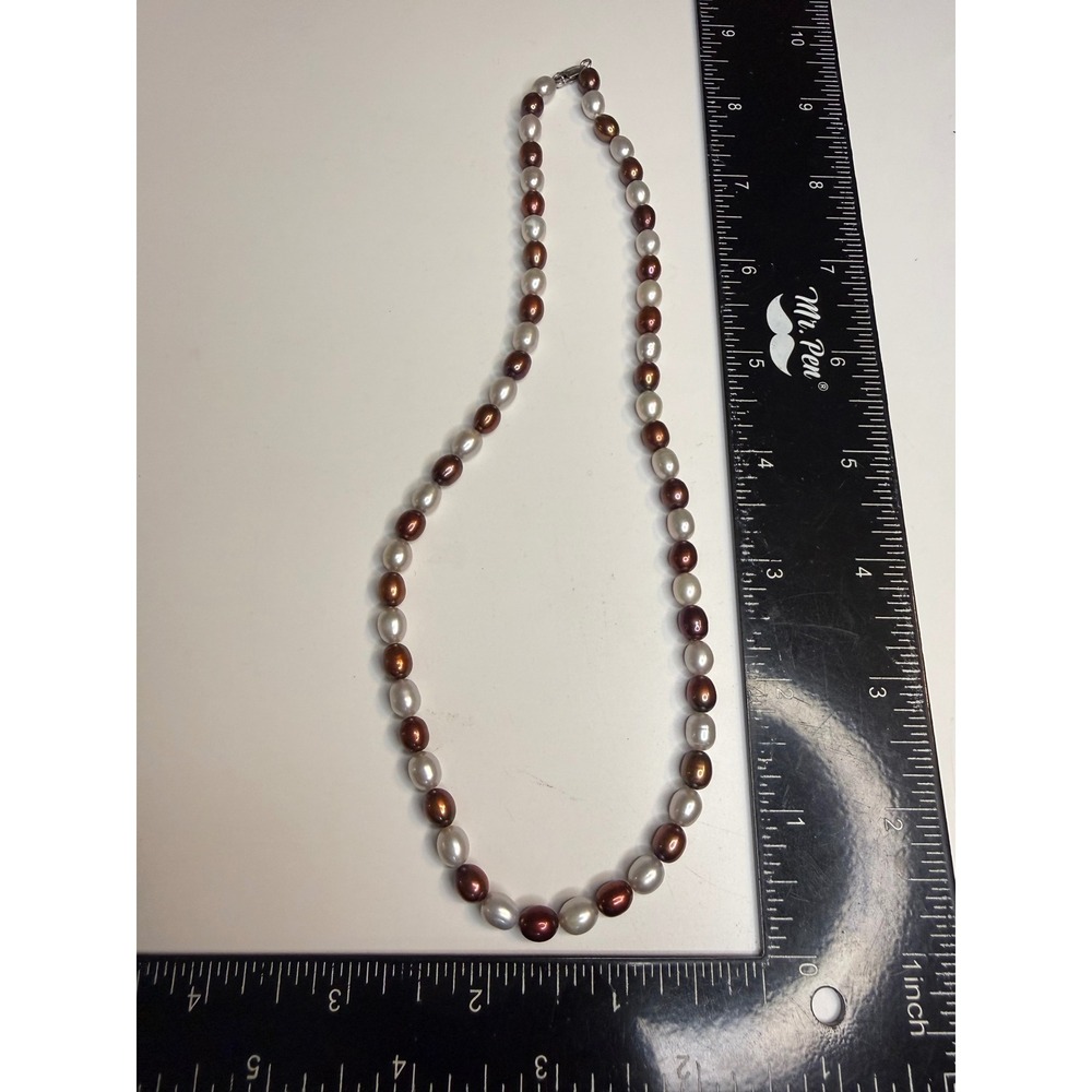 IPS Sterling Silver 925 Chocolate Brown White Freshwater Pearl Necklace 17.5"